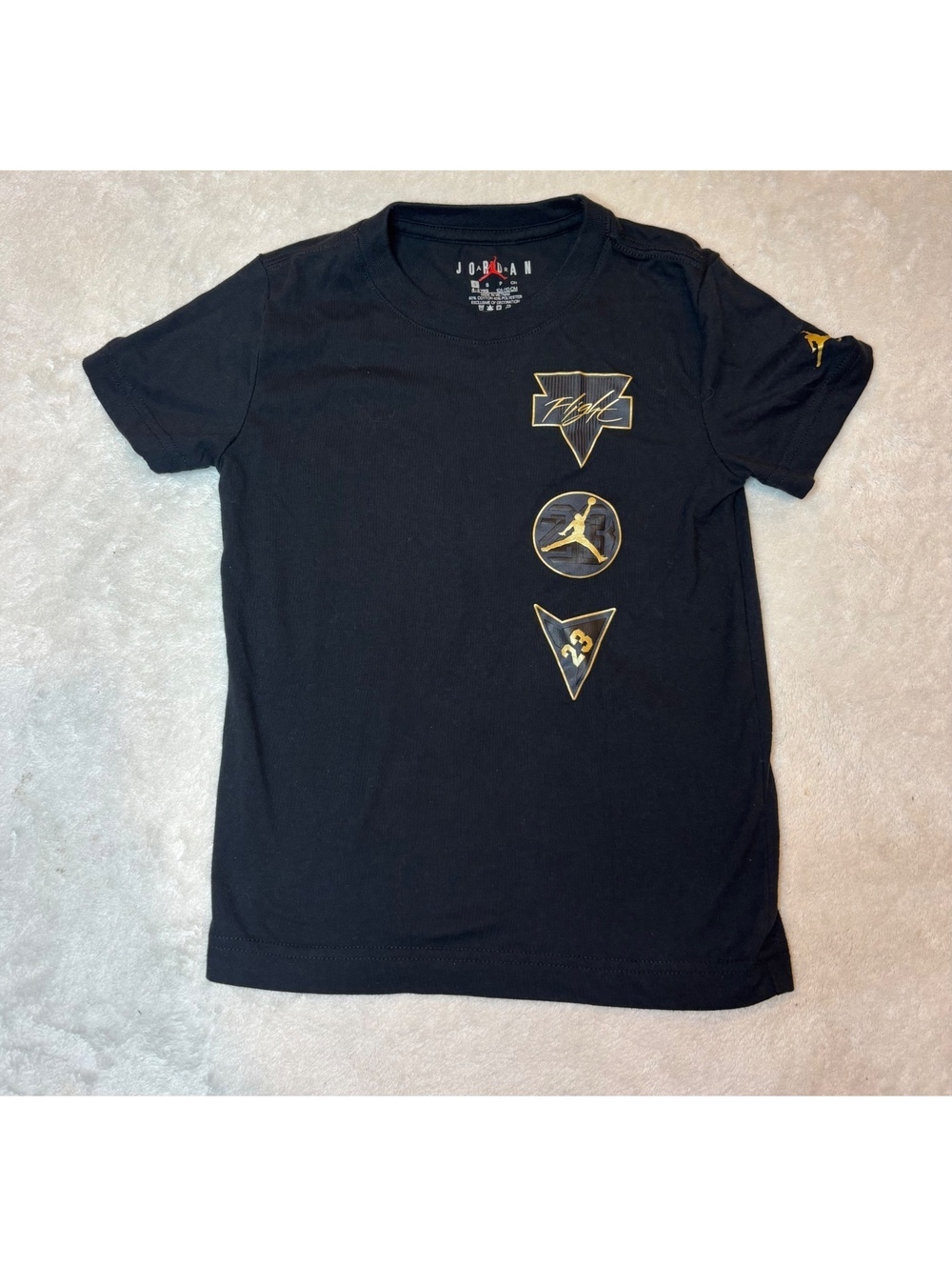Jordan Boys T Shirt Size small 5 Black Gold Flight 23 Jumpman See Me Shine Tee - Picture 1 of 6
